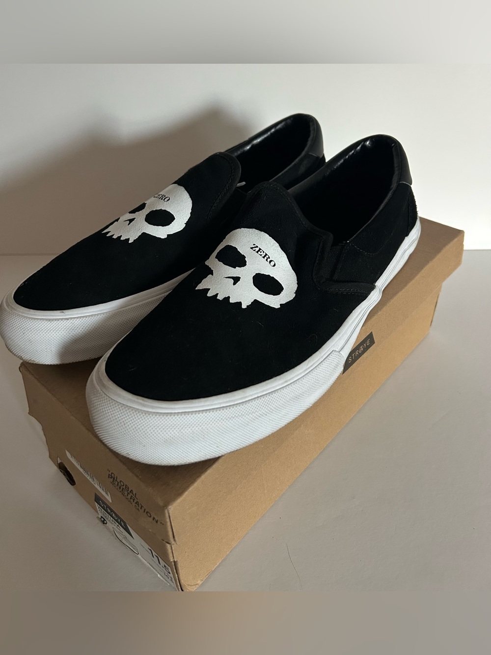 RAYE Black Slip-On Loafers with White Skull Graphic